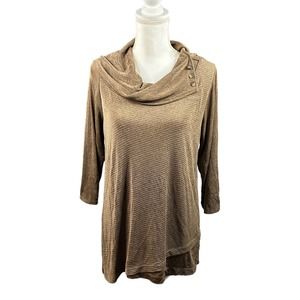 Chicos Travelers Size 1 US M 8 Knit Top Brown Cowl Neck Metallic Shimmer Slinky